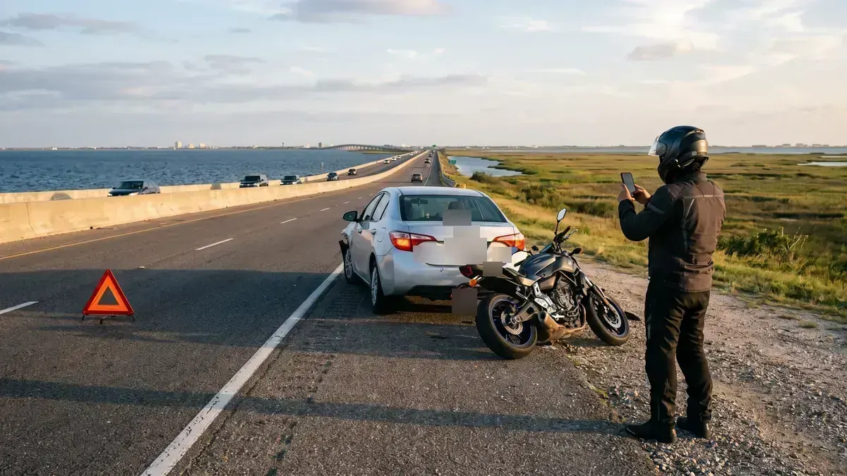 Rider in protective gear photographing a sedan and parked motorcycle on the shoulder of a coastal causeway