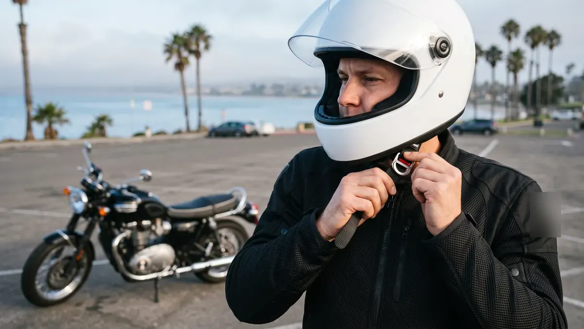Rider fastening the chin strap of a white full-face helmet beside a parked motorcycle on a palm-lined bayfront